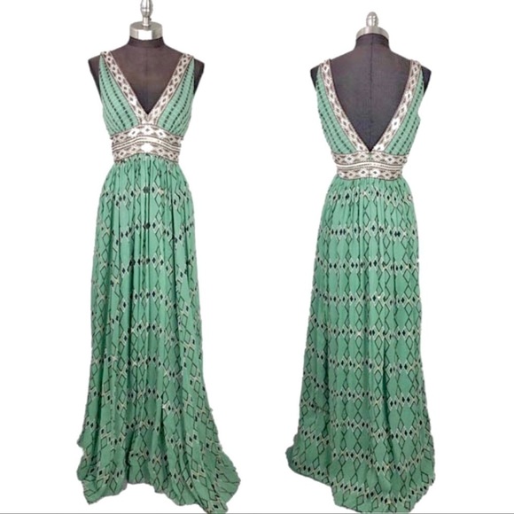 BCBGMaxAzria Dresses & Skirts - BCBGMaxAzria Green Printed V-Neck Maxi Dress with Ivory Trim